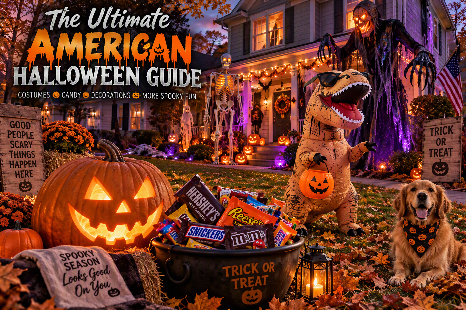 Banner for The Ultimate American Halloween Guide: What Millions Are Buying (And How to Get It) featuring a decorated American suburban home at autumn twilight with a glowing jack-o'-lantern, popular Halloween candy, an inflatable costume, a life-sized skeleton, and a giant animatronic monster illuminated with orange and purple lights.