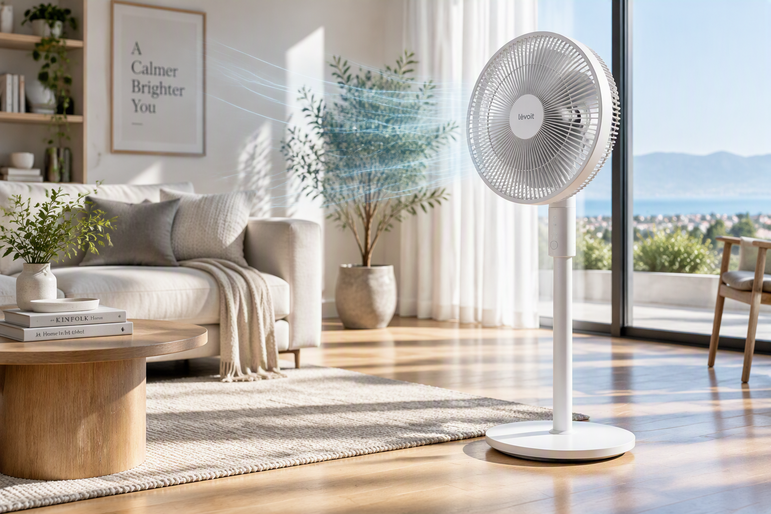 White pedestal fan in a bright modern living room with minimalist decor, hardwood floors, large windows, and visible airflow effects.